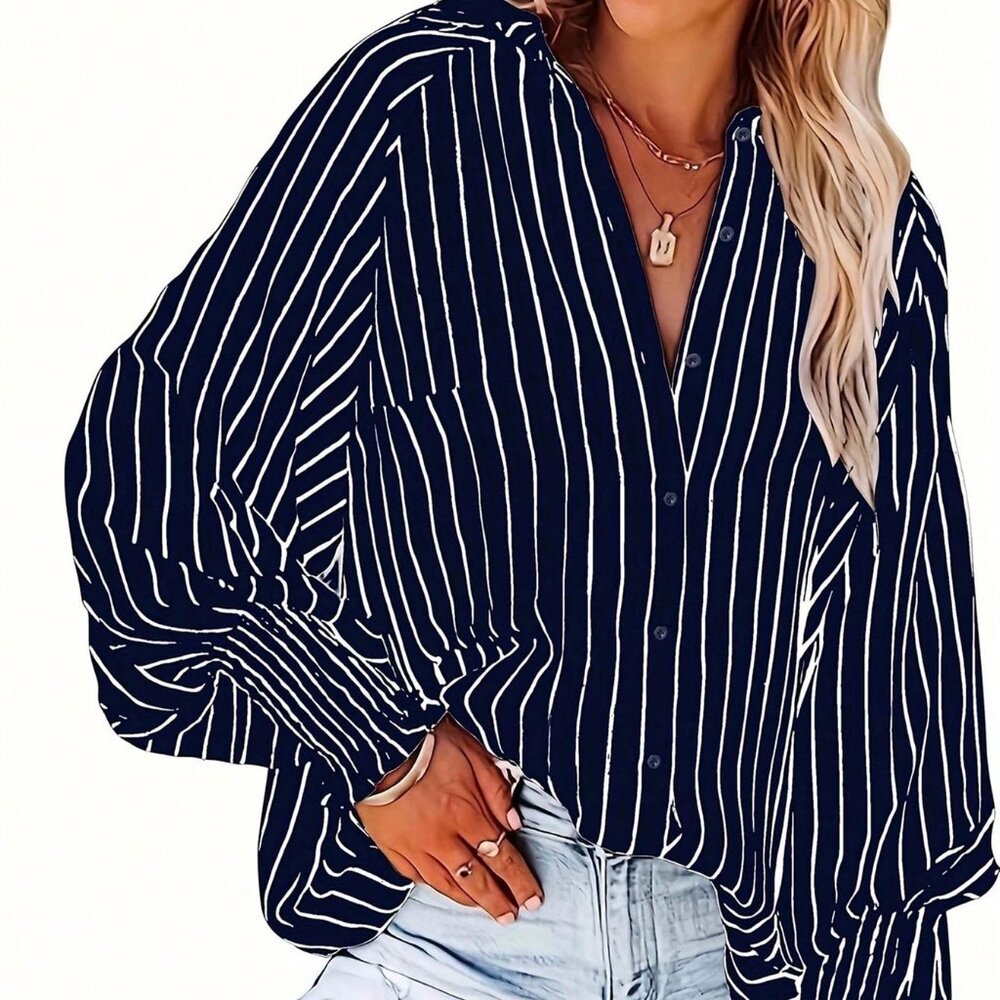 Plus Size Navy Blue Casual Women's  Striped Print Notched Neckline Blouse